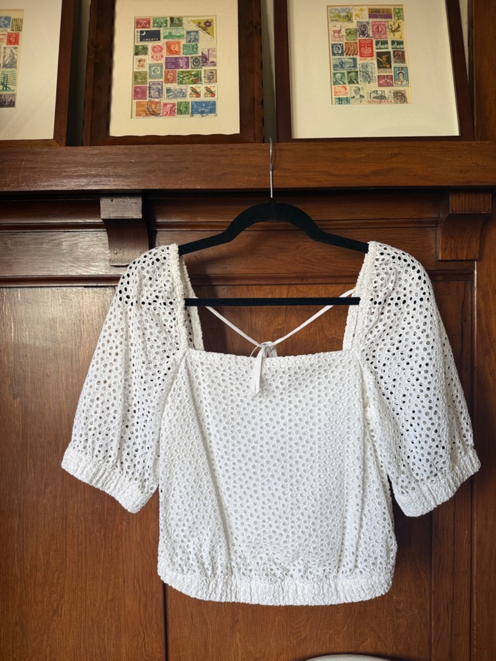 Everlane White Eyelet Square-Neck Blouse with Puff Sleeves, 100% Cotton